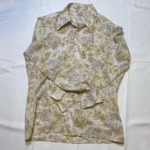 Vintage 70s Beige and Yellow Patterned Shirt Dart Collar Authentic Men’s M